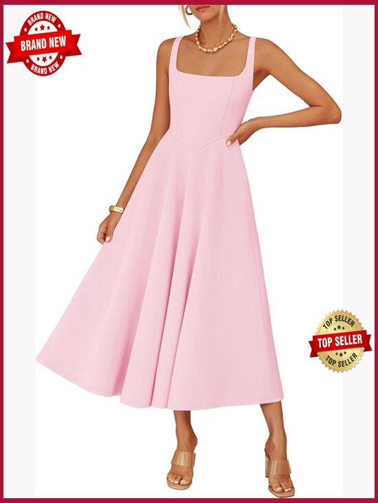 Dresses & Skirts - Sleeveless Square Neck Midi Dress with Pockets